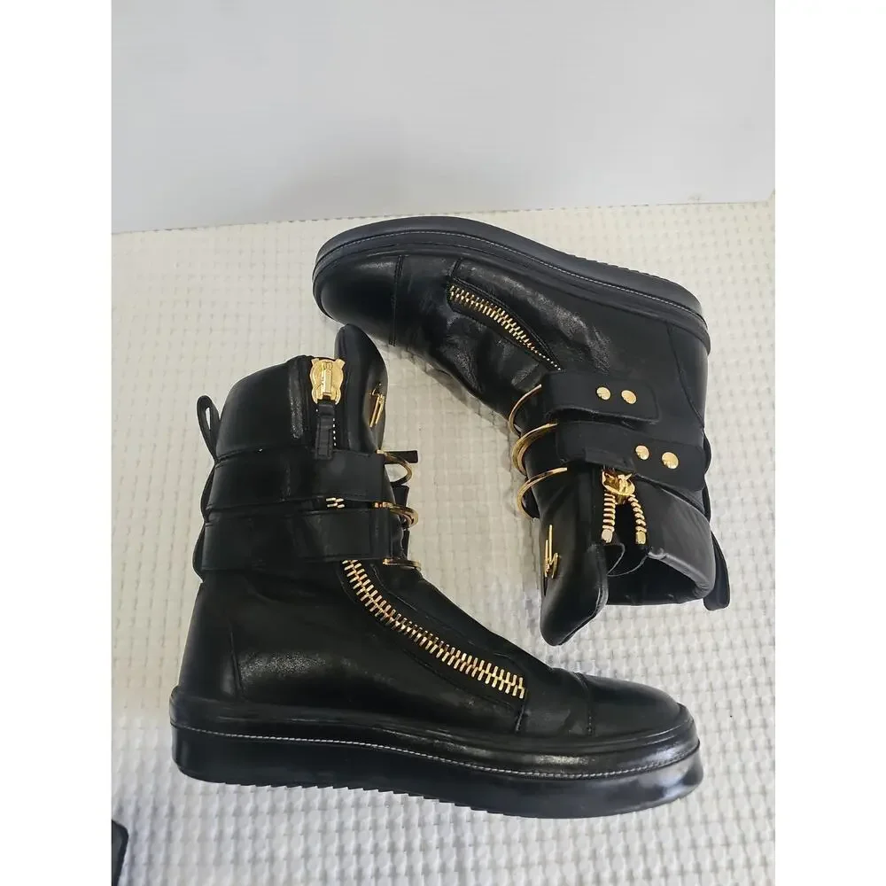 Giuseppe Zanotti Black Leather High Top Boot Sneakers Gold Zipper EU 43